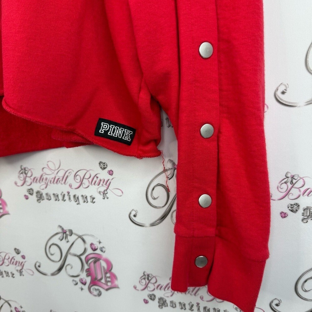 PINK Victoria's Secret sweater logo on back Red Button-Sleeve Cropped Sweatshirt - Picture 4 of 13